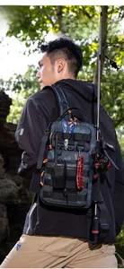 Detailed side view of camouflage backpack with MOLLE system and outdoor tactical gear