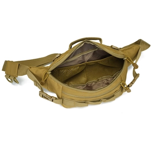 Tactical nylon waist bag in tan with multiple compartments and MOLLE system for hiking