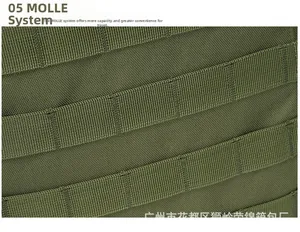 Detailed close-up of the tactical MOLLE webbing system on a durable nylon army green backpack