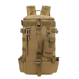Tactical fishing backpack in khaki nylon with MOLLE system and multiple storage pockets