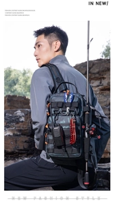 Detail of tactical camouflage chest pack with Molle system and outdoor gear attachments