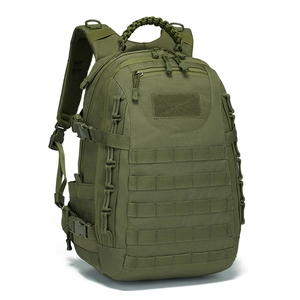 Waterproof tactical backpack in military green with MOLLE system and top paracord handle
