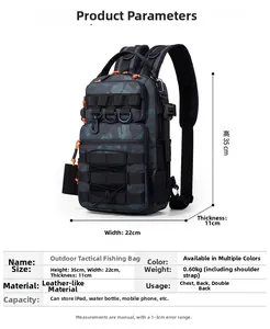 Detailed size chart of tactical camo sling bag with waterproof fabric and MOLLE system