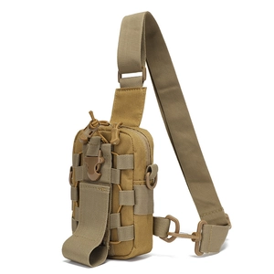 Coyote brown tactical crossbody bag with MOLLE webbing and adjustable strap for hiking