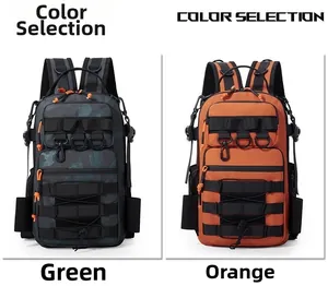Outdoor tactical backpacks in camouflage green and vibrant orange with MOLLE webbing detail