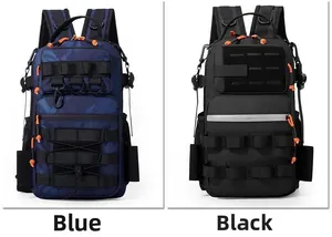 Detail view of durable camouflage and black tactical backpacks with Molle webbing system