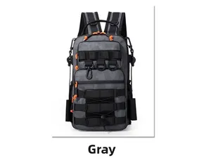 Detailed view of grey camouflage tactical backpack with Molle system and orange pull cords