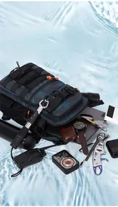 Detail of 4.3L camo tactical backpack showing waterproof fabric and various external attachments