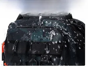 Detail of camouflaged tactical backpack showing high-level waterproof fabric with water splashes