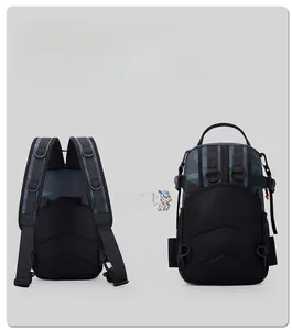 Detail of camouflaged backpack with detachable shoulder straps and breathable mesh back