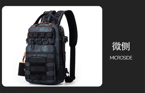 Detail of tactical camouflage shoulder bag showing MOLLE webbing and orange zippers