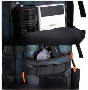 Detail of camouflage hiking backpack showing multi-layer zipper pockets for electronics