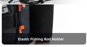 Elastic fishing rod holder on a camouflage backpack showing secure adjustment details