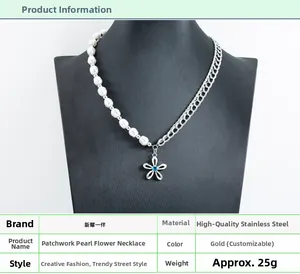 Detail of pearl and chain necklace featuring a hollow flower pendant with a blue gemstone