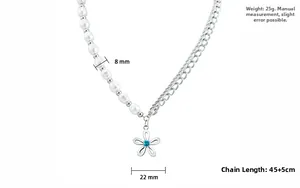 Detailed view of irregular pearl necklace with blue gemstone flower pendant and measurements