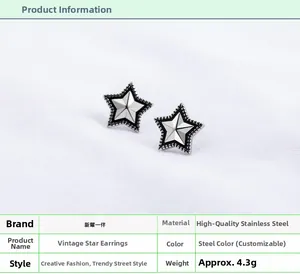 Detail of vintage embossed star earrings made of durable stainless steel 4.3g