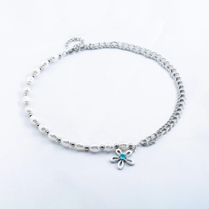 Asymmetrical Stitched Faux Artificial Pearl Necklace Stainless Steel Blue Zirconia Flower Pendant Clavicle Chain For Women Korean Style Jewelry