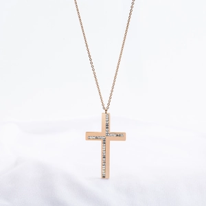 Collar de cruz de acero inoxidable oro rosa para hombre y mujer con cristales pavé brillantes