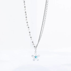 Titanium steel necklace with imitation pearls and blue gemstone flower pendant