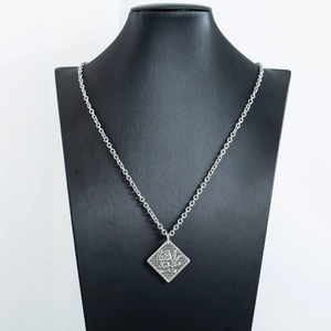 Men's stainless steel long necklace featuring a silver square pendant with Fa character
