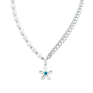 Titanium steel necklace with imitation pearls and hollow flower pendant with blue gem