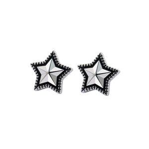 Retro stainless steel star stud earrings featuring a layered silver and black design