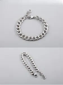 Bracelet chaîne cubaine en acier inoxydable argenté poli avec fermoir mousqueton et extension