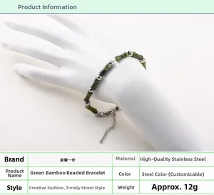 Detail of green bamboo beaded bracelet in stainless steel showing 12g weight and size