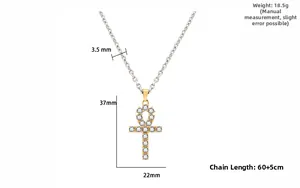 Detailed view of gold plated Ankh cross pendant with size specs 37x22mm and chain 3.5mm