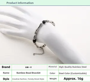 Detailed view of bamboo joint beaded bracelet in stainless steel with adjustable chain