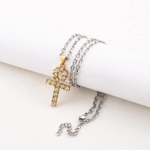 Hip Hop Ankh Cross Pendant Necklace Stainless Steel Gold Plated Zirconia Inlaid Egyptian Jewelry For Men Women Party Gift