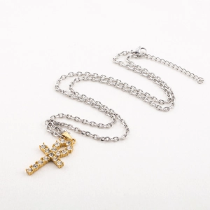 Gold plated Ankh cross pendant necklace with clear zircons on silver cable chain