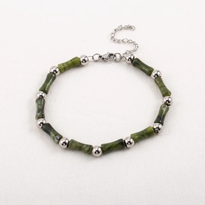 Stainless Steel Green Bamboo Joint Beaded Bracelet New Chinese Handmade Jade Beads Adjustable Jewelry For Men Women