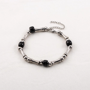Stainless Steel Bamboo Joint Beaded Bracelet Men Women Adjustable Silver Black Stone Bead Modern New Chinese Style Jewelry
