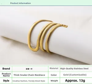 Detailed view of a 5mm gold-plated stainless steel snake bone chain with specifications