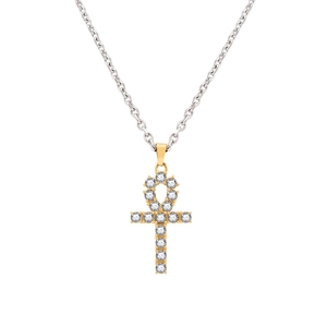 Gold plated Ankh cross pendant necklace with sparkling cubic zirconia on silver chain