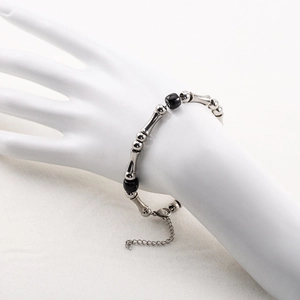 Unisex adjustable stainless steel bamboo link bracelet with black onyx beads for men