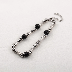 Titanium steel bamboo joint bracelet with black beads and adjustable chain for men