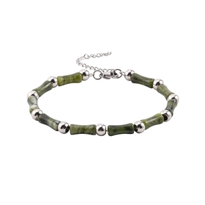 Men's green bamboo stone bead bracelet with polished stainless steel accents