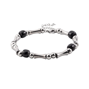 Adjustable men's titanium steel bracelet with silver bamboo tubes and black beads