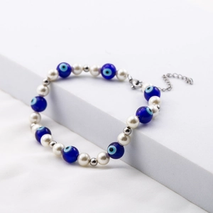 Boho Evil Eye Beaded Bracelet With Stainless Steel Chain And Imitation Artificial Pearl Adjustable Mediterranean Jewelry For Women