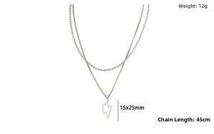 Detail of silver double layer necklace with lightning bolt pendant measuring 15x25mm
