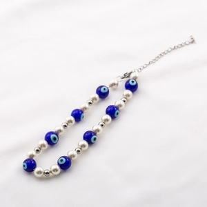 Titanium steel chain bracelet with blue evil eye beads and pearls for men and women