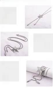 Détail d'une cravate bolo en acier argenté avec pendentif étoile et embouts métalliques