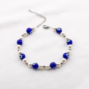 Titanium steel chain bracelet with blue evil eye beads and white imitation pearls for unisex