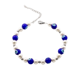 Titanium steel chain bracelet with blue evil eye beads and pearls for women and men
