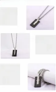Detailed views of stainless steel rectangular pendant necklace with Forever Love engraving