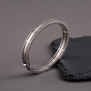 Industrial double-layer stainless steel bangle for men with a brushed silver finish