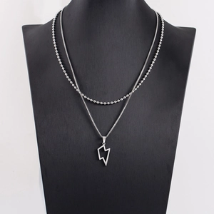Hip Hop Stainless Steel Lightning Pendant Double Layer Necklace For Men Women Silver Polished Ball Box Chain Trendy Jewelry