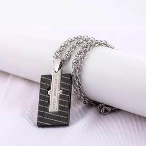 Men Stainless Steel Forever Love Cross Pendant Necklace Black Silver Rectangle Engraved Punk Fashion Jewelry Daily Wear